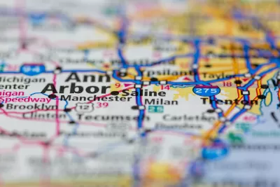Close up of a road map showing major roadways around Ann Arbor Michigan