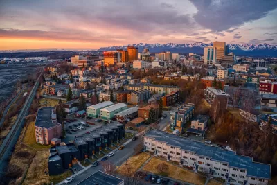 Aerial view of Anchorage, Alaska at sunrise or sunset.