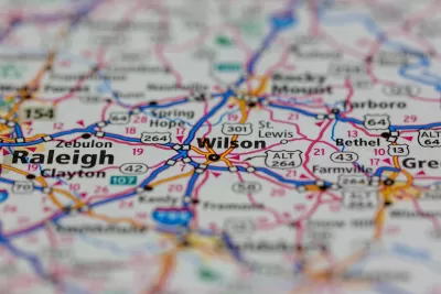 Close-up of road map showing Wilson, North Carolina