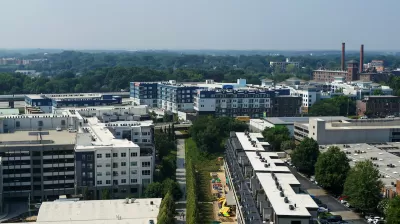 Aerial view of Atlanta BeltlLine greenway with yellow umbrellas
