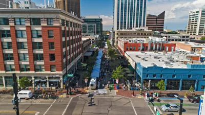 Aerial view of downtown Boise, Idaho street with street market