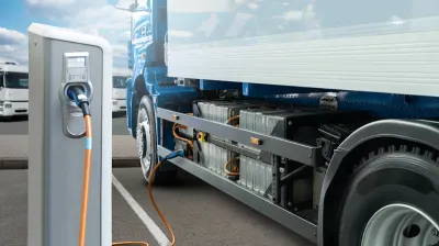 Electric 18-wheeler truck plugged into electric charger.