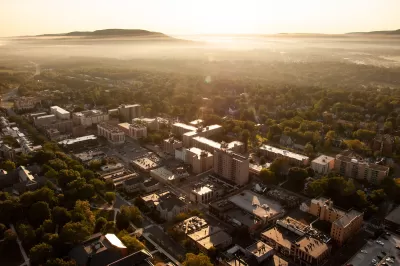 Aerial view of State College, Pennsylvania at golden hour.