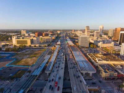 Aerial view of freeway in Orlando, Florida with construction work.