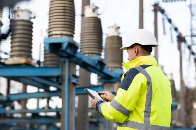 Worker in white hard hat and yellow safety jacket holds tablet in front of large electrical utility installation.