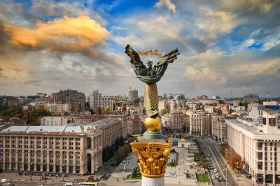 Drone view from Independence Monument in Kyiv, Ukraine.