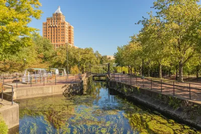 Downtown park in Akron, Ohio with Erie Canal lock.