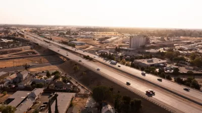 Aerial view of freeway and Fresno, California.