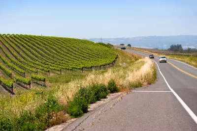 View of two trucks on asphalt two-lane road in Vapa Valley with vineyards along side of road