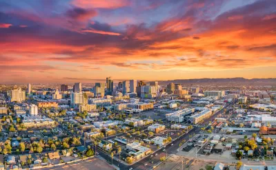 Aerial view of downtown Phoenix, Arizona at sunset.