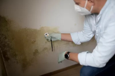 Man with protective mask measures the moisture level on a white wall with green mold in an apartment.