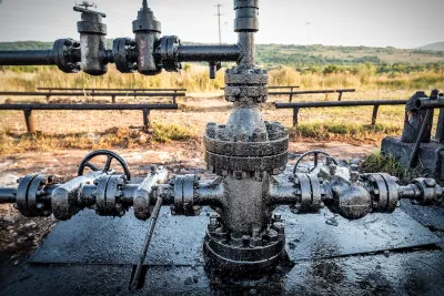 Close-up of dirty pipe at oil drilling operation.
