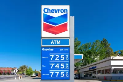 Close-up of Chevron gas station sign with logo and prices starting at $7.25.
