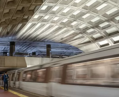 Blurred image of train passing by platform at Washington, D.C. undergroundtrain station
