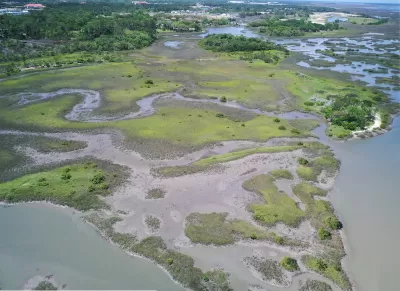 Aerial view of marshy land at Fort Mose State Historic Park in Florida.