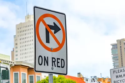 Close-up of 'No Right Turn on Red' sign in San Francisco, California.