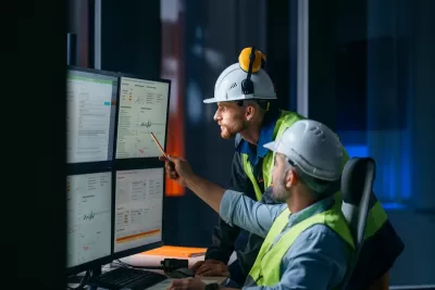 Two workers in yellow safety vests and hard hats looking at multiple computer monitors.