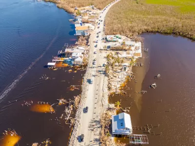 Aerial view of flooded homes in coastal area of Florida after Hurricane Ian.
