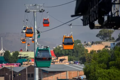 Multicolored modern aerial gondolas in Mexico City.