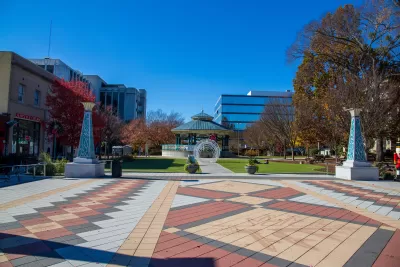 Empty Decatur Square plaza with fall trees in Decatur, Georgia