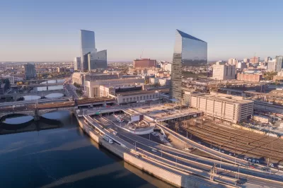 Aerial view of 30th Street Station with train tracks and buildings in Philadelphia, Pennsylvania