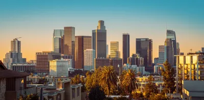 Downtown Los Angeles, California skyline at sunset.