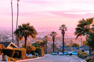 View of residential street in Los Angeles with palm trees and hazy city in distance.