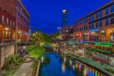 Bricktown Canal in Oklahoma City at night.
