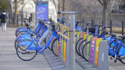 Citi Bike bike share station on street in New York City.