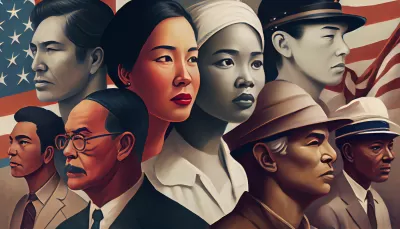COnceptual banner featuring Asian Americans against an American flag backdrop