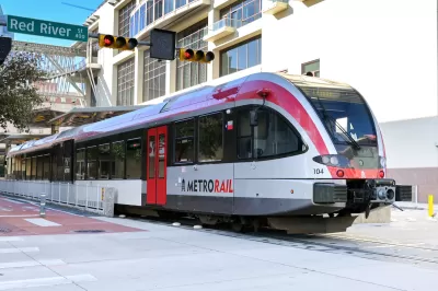 Red and silver MetroRail train in Austin, Texas.