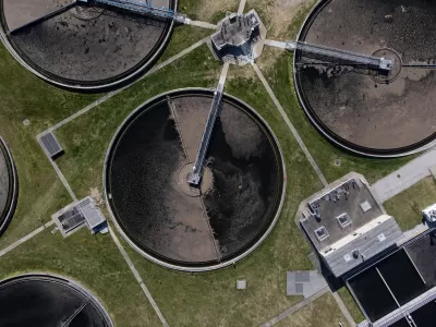 Bird-s eye view of circular retention tanks at water treatment plant