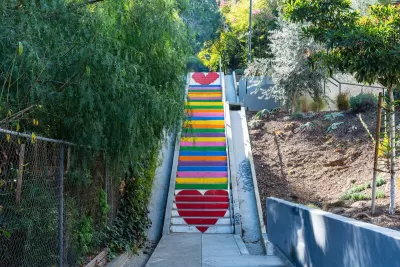 Public stairs in Los Angeles, California painted with rainbow and red hearts.