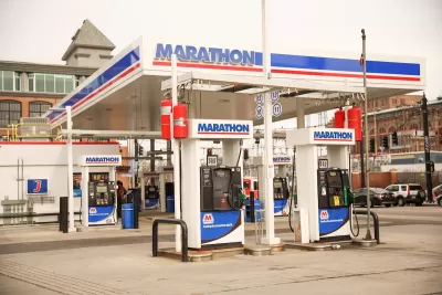 Marathon branded gas station with red, blue, and white color scheme in Providence, Rhode Islad.