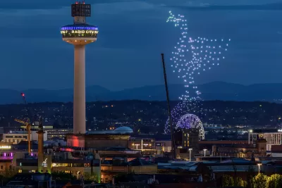 Drone show over Liverpool, England.