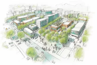 Sketch of proposed city with buildings, trees, and people.