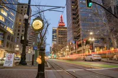 View of blurred motion traffic on downtown Salt Lake City street
