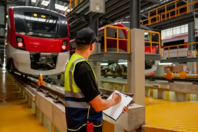 Worker in yellow safety vest holds clipboard and stands in front of parked red and white train in maintenance center building.