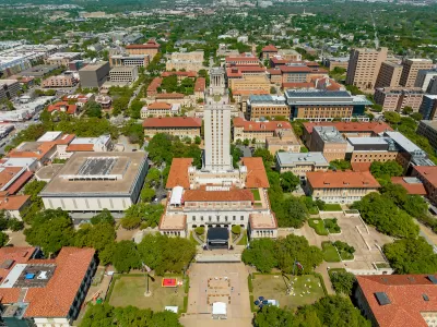 Aerial view of main tower and buildings at University of Texas, Austin.