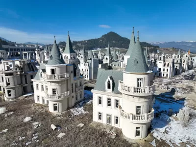 View of Burj al Babas, Turkey, abandoned development of French-style chateau homes.