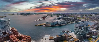 Aerial view of harbor with modern buildings in Copenhagen, Denmark.