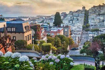 View of San Francisco neighborhood from top of hill with misty bay in background.