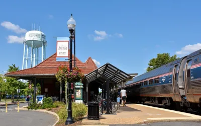 Train platform with red tile roof shelter in Manassas, Virginia.