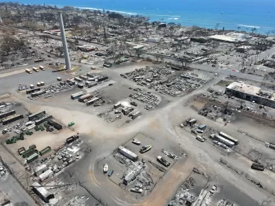 Aerial view of wildfire damage in Lahaina, Maui.