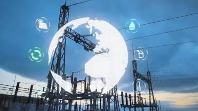 Power plant infrastructure against a sky at dusk with a virtual white globe overlaid on top.