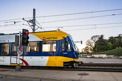 White and yellow Metro Transit streetcar in Minneapolis, Minnesota.