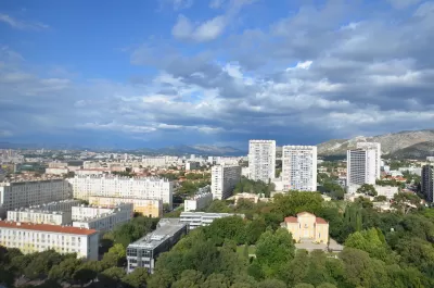 Aerial view of Le Corbusier-designed Cité Radieuse in Marseilles, France.