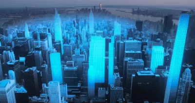 Aerial view of New York City architecture with augmented reality visualization, blue digital holograms over buildings and skyscrapers