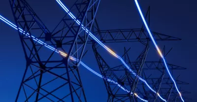 Power powers at night with 'glowing' power lines emphasizes with graphics.