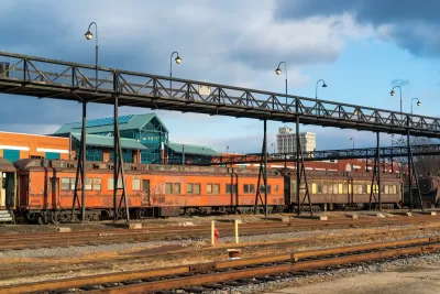 Steamtown National Historic Site at former Scranton, Pennsylvania rail yards with old steam trains.